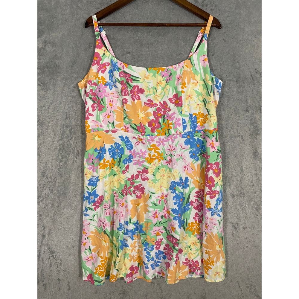 Old Navy Cami Dress Sz XL Multi-Color Floral Linen Blend Smocked Pockets Coastal